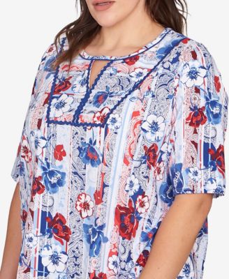 Plus Size Riviera Floral Stripe Print Knit Top