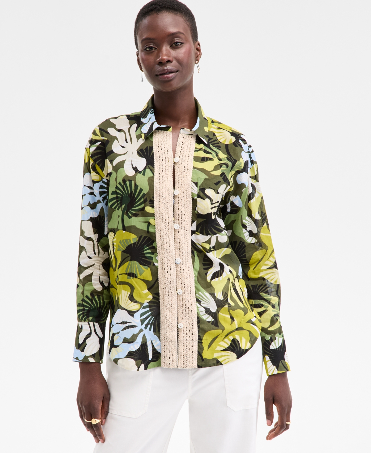 Women's Leaf-Print Crochet-Trim Shirt, Exclusively at Macy's - Palmetto Combo