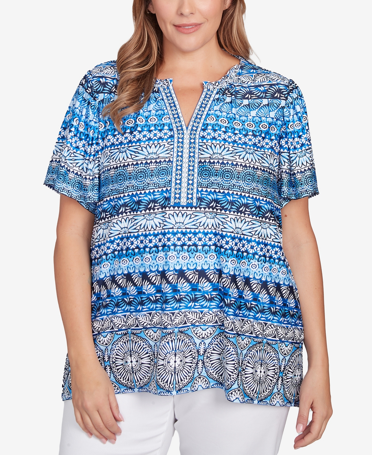 Plus Size Motif Stripe Embroidered Puff Print Top - French Blue Multi