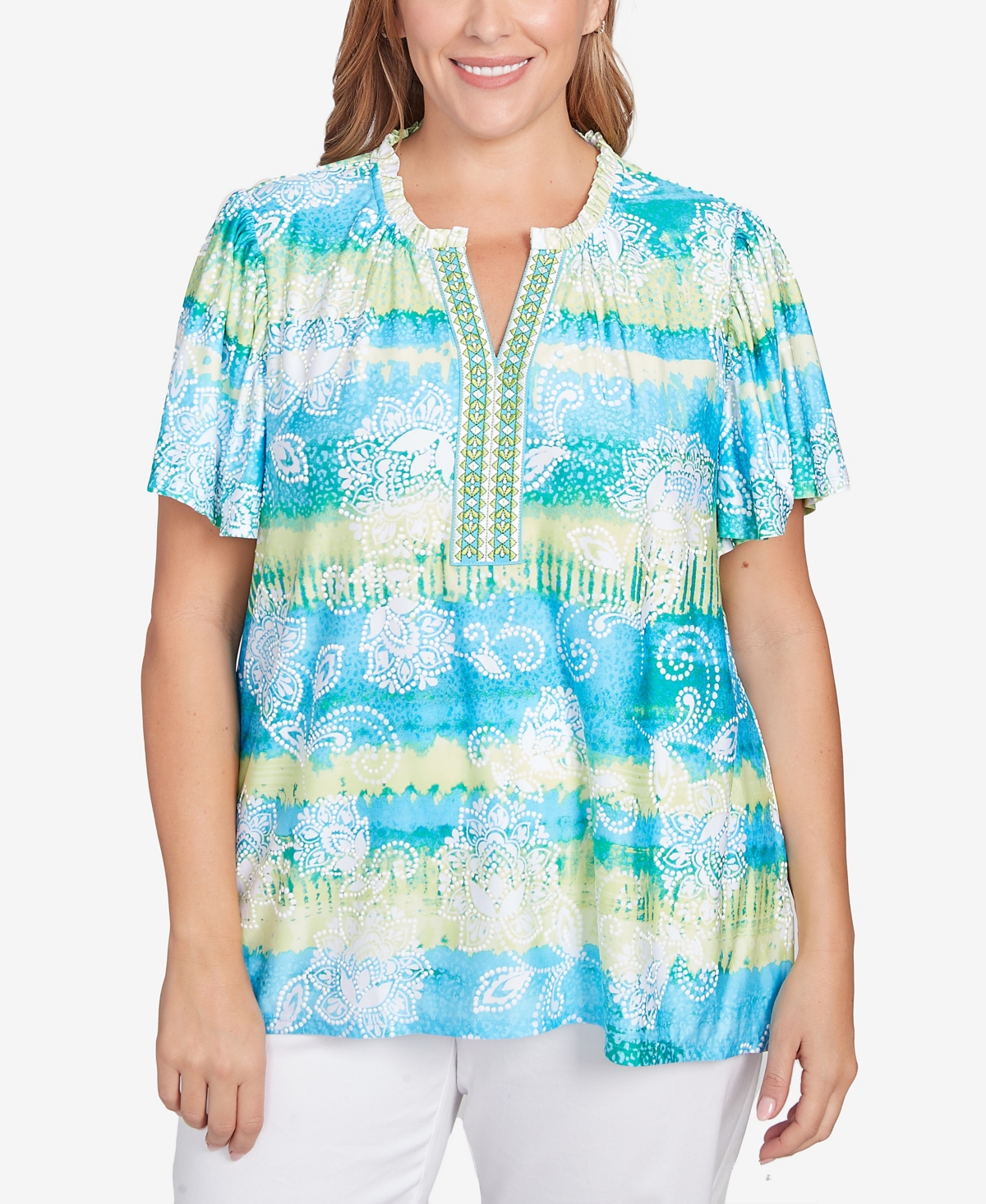 Plus Size Batik Embroidered Tie Dye Puff Print Top - Ocean Blue Multi