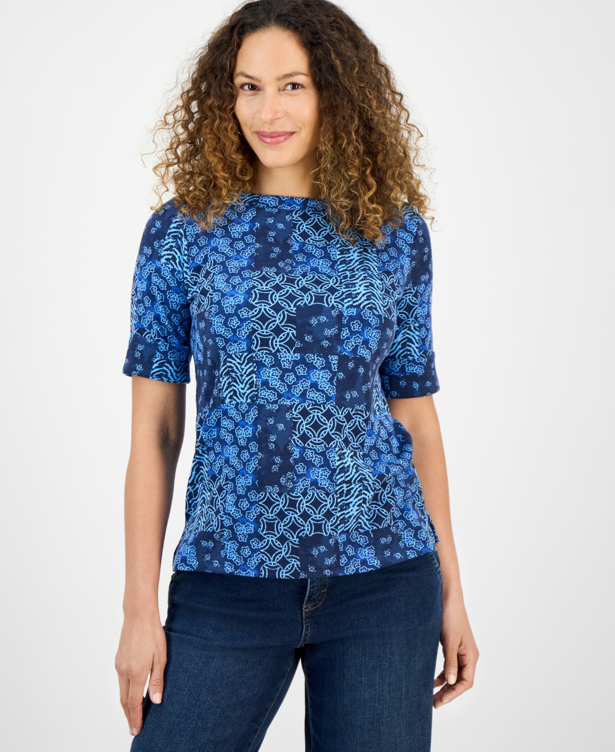 Petite Elbow-Sleeve Patchwork Top, Exclusively at Macy's - Pink Rush Combo