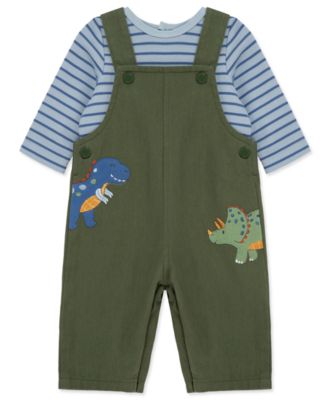 Baby Boys Cotton Striped T-Shirt & Dino Overalls Set  