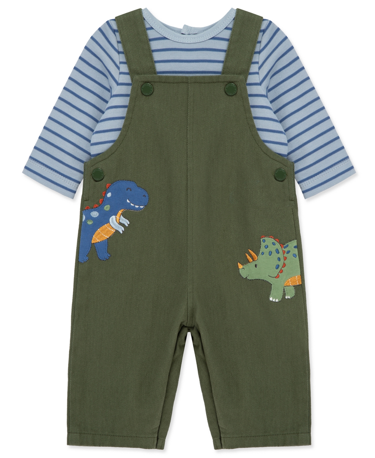 Little Me Baby Boys Cotton Striped T-shirt & Dino Overalls Set In Green