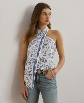売れ筋商品|||タハリエーエスエル  カットソー トップス レディース Women's Printed Draped-Front Sleeveless Top Pacific Blue Floral 32590935_fpx.tif?$filterlrg$&