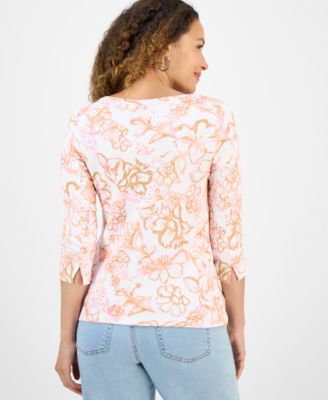 Petite Floral Print Pima Cotton 3/4-Sleeve Top, Exclusively at Macy's