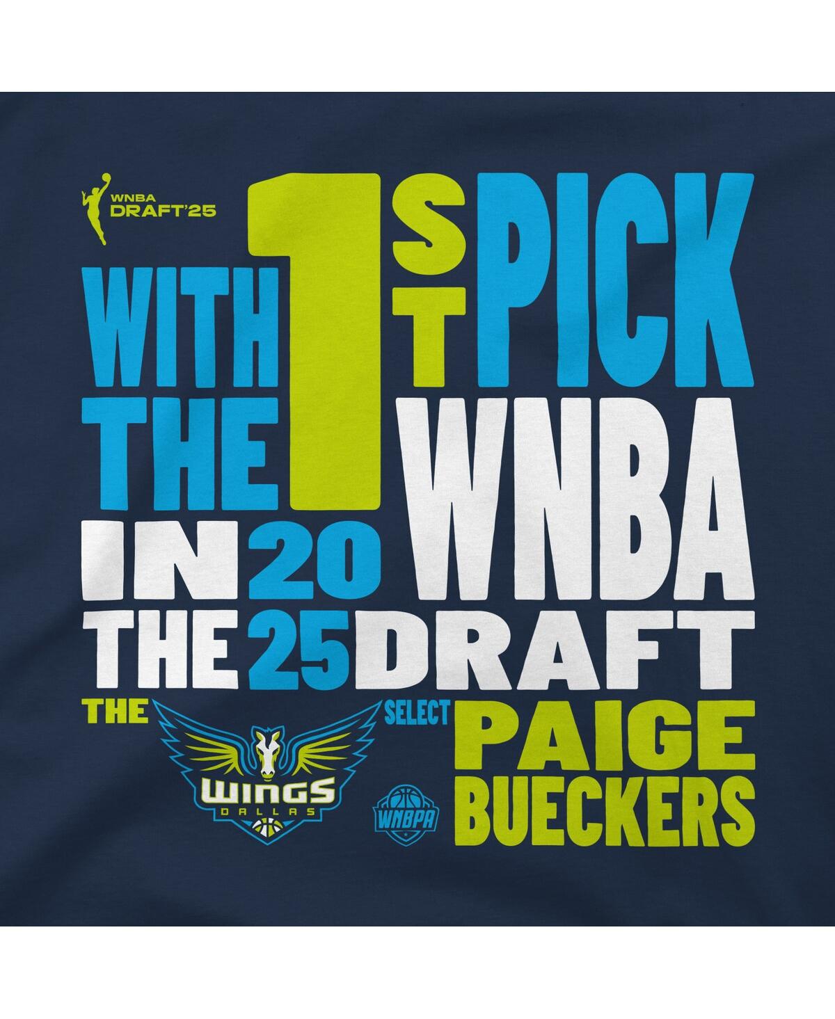 STADIUM ESSENTIALS MEN'S AND WOMEN'SÂ PAIGE BUECKERS NAVY DALLAS WINGS 2025 WNBA DRAFT 1ST OVERALL PICK VERBIAGE T-SHIR 