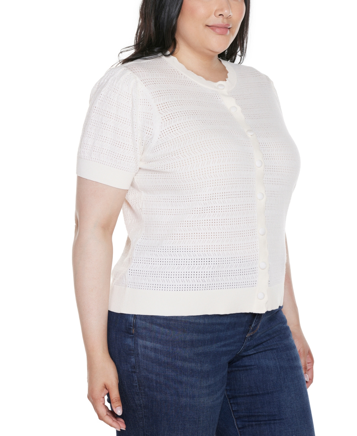 Belldini Plus Size Pointelle Scalloped-placket Cardigan Sweater
