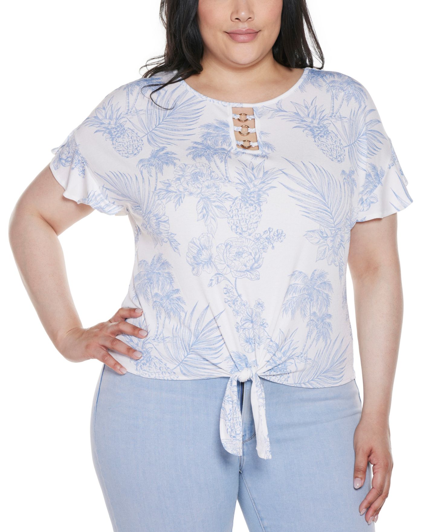 Женский топ Belldini Plus Size Pineapple Print Knit, цвет: Белый / Синий — фото 1