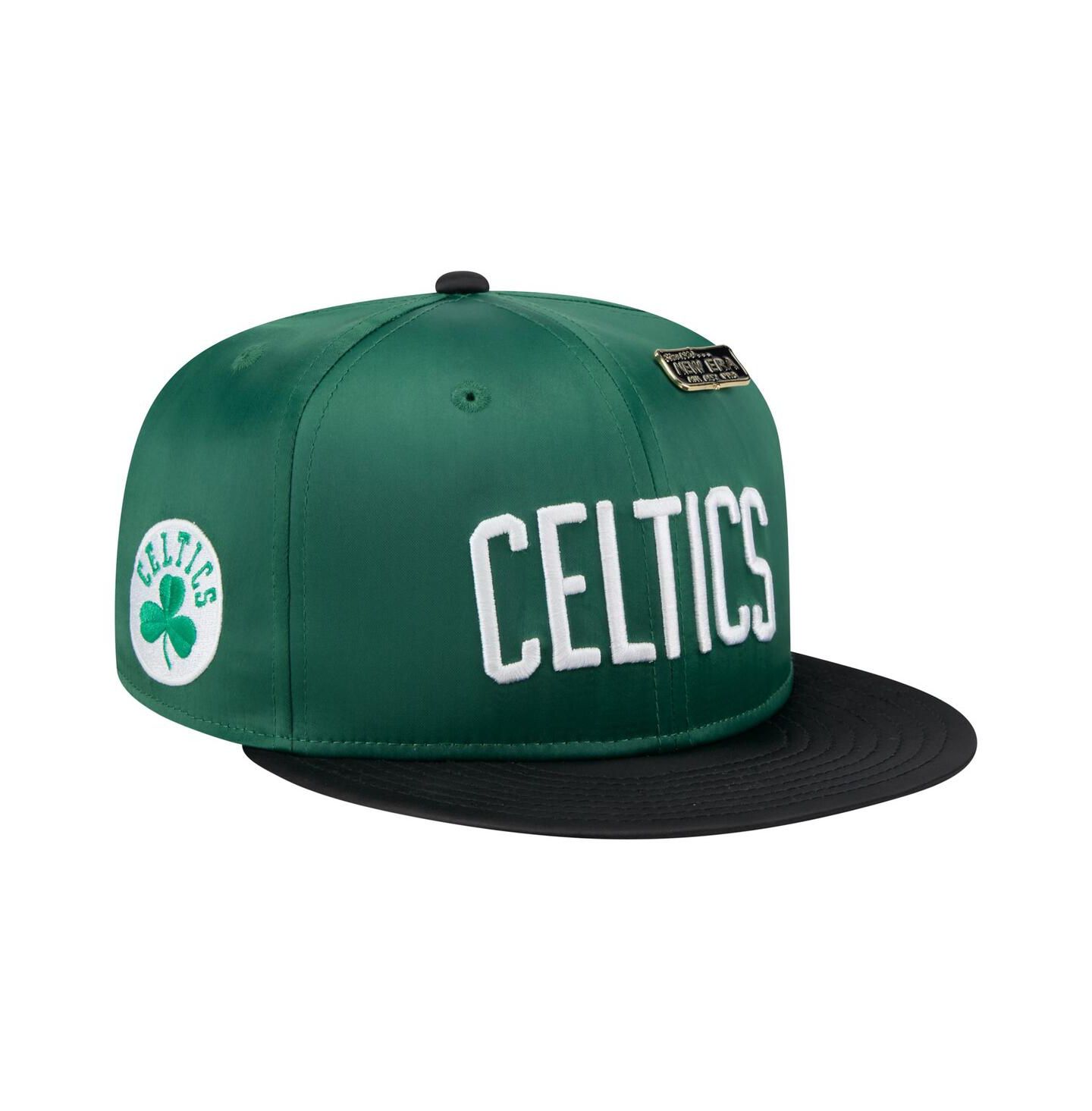 Мужская кепка New Era Kelly Green/Black Boston Celtics Throwback Satin Vintage Pin Two-Tone 59FIFTY Fitted Hat — фото 1
