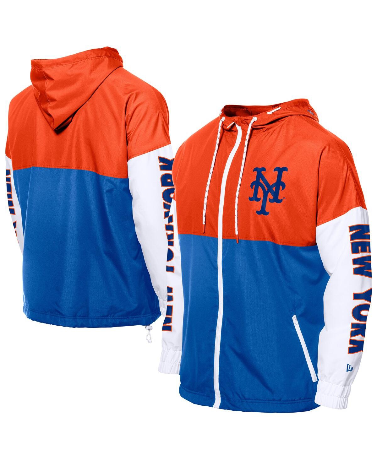 NEW ERA MEN'S ROYAL/ORANGE NEW YORK METS COLOR BLOCK FULL-ZIP HOODIE WINDBREAKER JACKET 