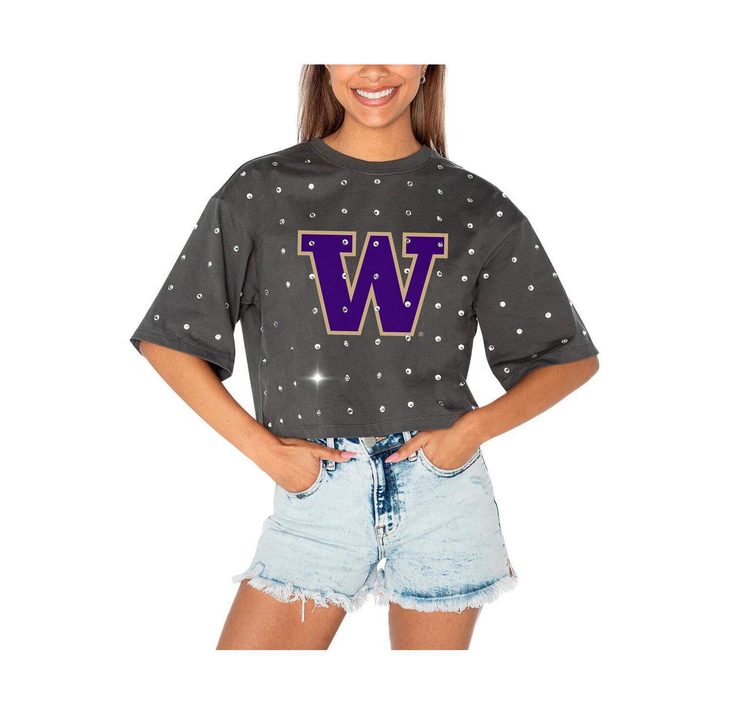 Women's Gray Washington Huskies Go Time Rhinestone Crop T-Shirt