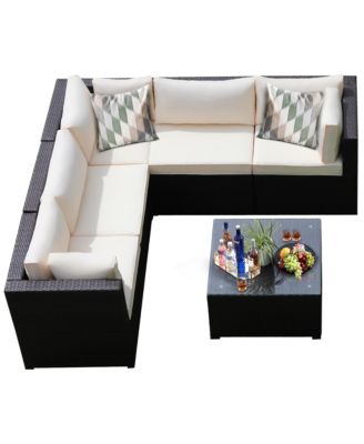 6PCS Rattan Patio Sectional Sofa Conversation Set Outdoor w/ Beige Cushions
