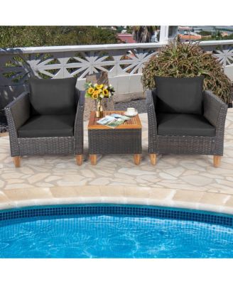 3PCS Patio Furniture Set Conversation Bistro Set w/ Acacia Wood & Cushions Black