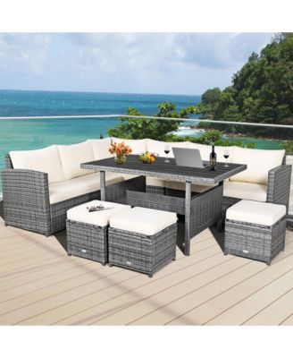 7PCS Rattan Patio Sectional Sofa Set Conversation Set w/ White Cushions
