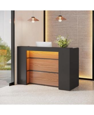 Reception Desk with LED Lights, 63-Inch Front Counter Table for Checkout, Lobby, Salon, Retail, Store, or Office Use