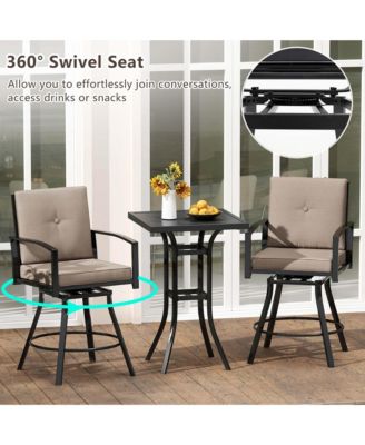 3 PCS Patio Swivel Bar Set Table and Chairs Set with Soft Cushions & Umbrella Hole