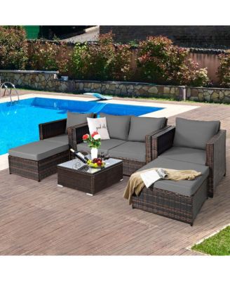 5PCS Outdoor Patio Rattan Conversation Sofa Furniture Set w/ Grey Cushions