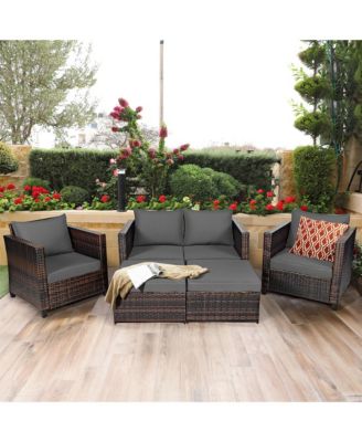 5PCS Outdoor Patio Rattan Conversation Sofa Furniture Set w/ Grey Cushions