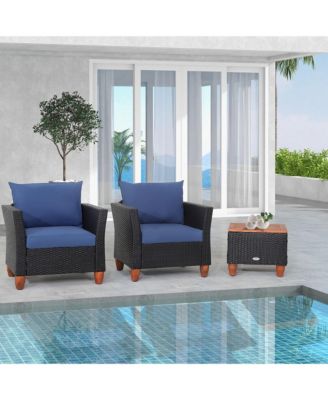 3PCS Patio Rattan Conversation Furniture Set Yard Outdoor w/ Navy Cushions