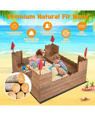 Solid Wood Kids Sandbox w/ 2 Bench Seats Outdoor Sandpit w/ Storage Box & Flags