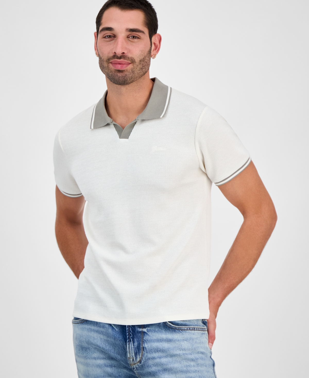 Men's Weston Waffle-Knit Tipped Polo Shirt - Dove White