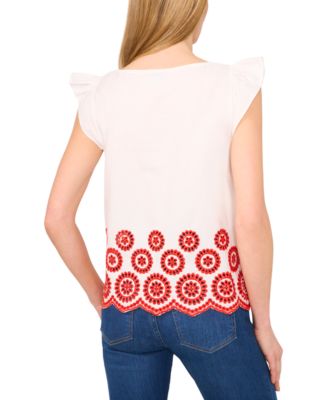 Women's Contrast Embroidered Cotton Cap-Sleeve Blouse