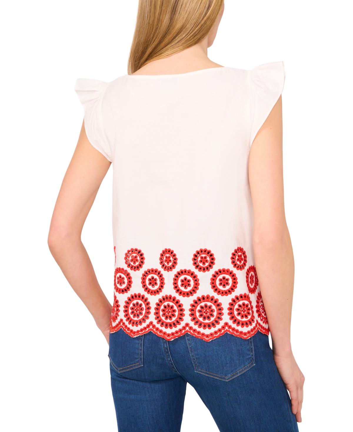 Cece Embroidered Eyelet Ruffle Shoulder Cotton Top In Neutral