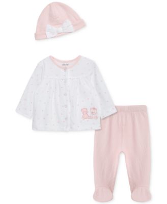 Little Me - Baby Girls Joyful Cotton Hat, Cardigan & Footed Pants Set