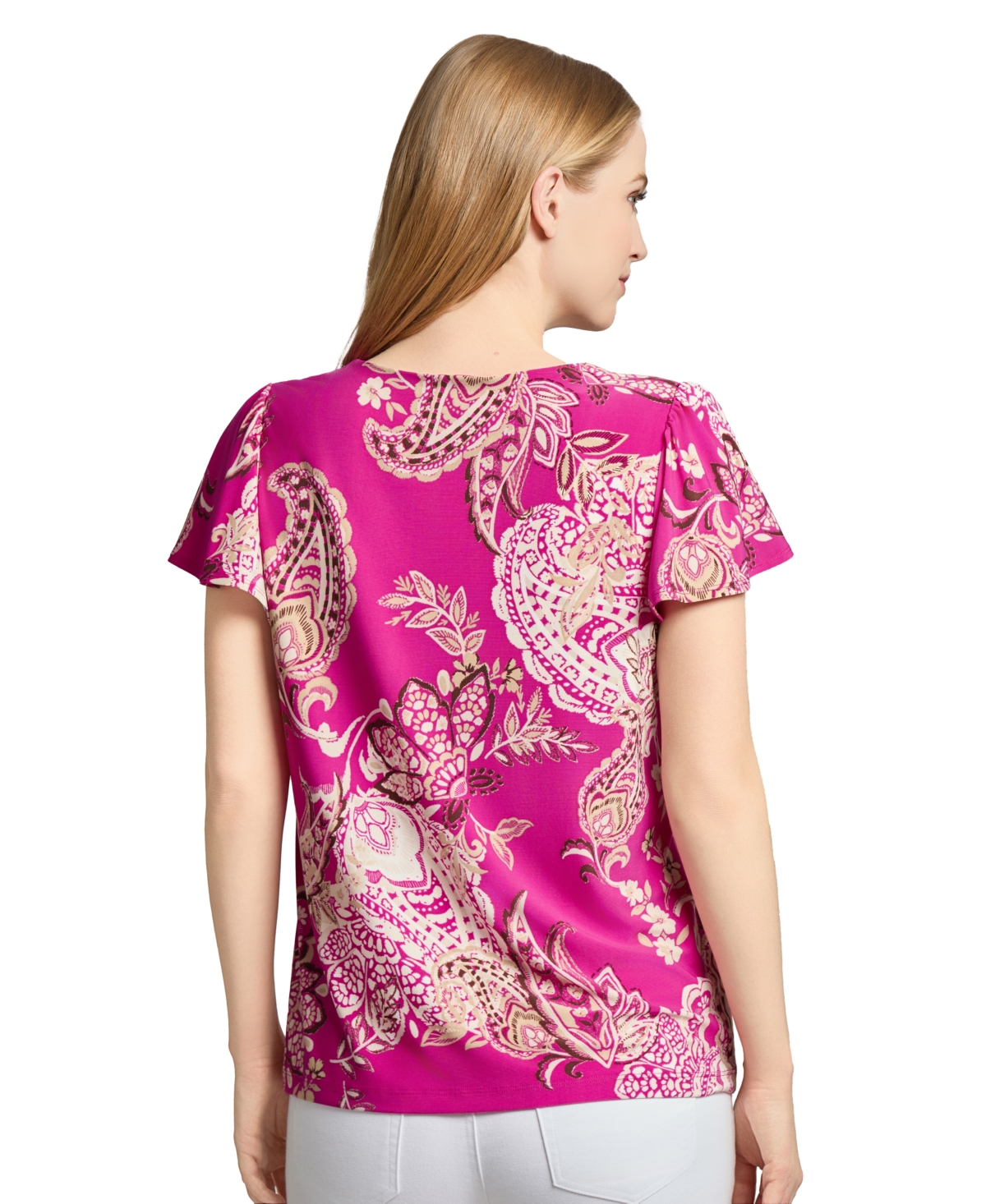 Jones New York Petite Paisley-print Keyhole Flutter-sleeve Top In Pink