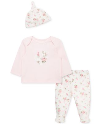 Little Me - Baby Girls Cotton Lace Floral Top, Hat & Footed Pants, 3 Piece Set