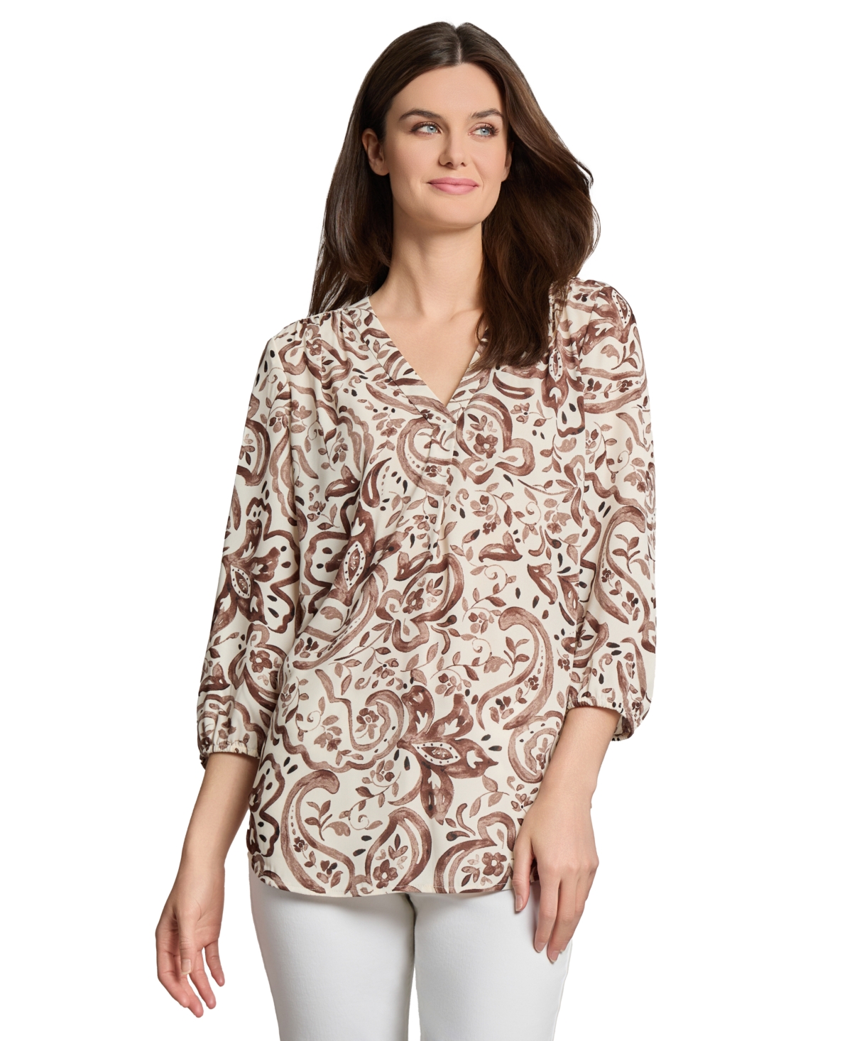 Petite Printed V-Neck 3/4-Sleeve Blouse - Fudge Multi