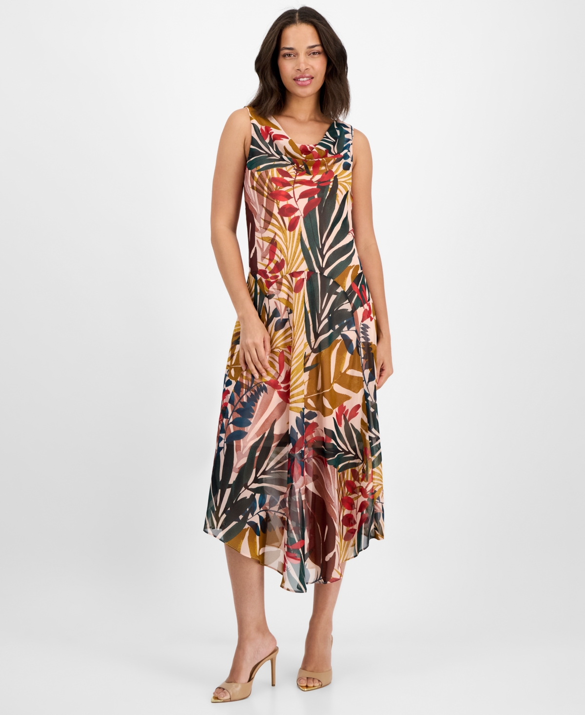 Women's Printed Draped-Neck Asymmetric Dress - Multi
