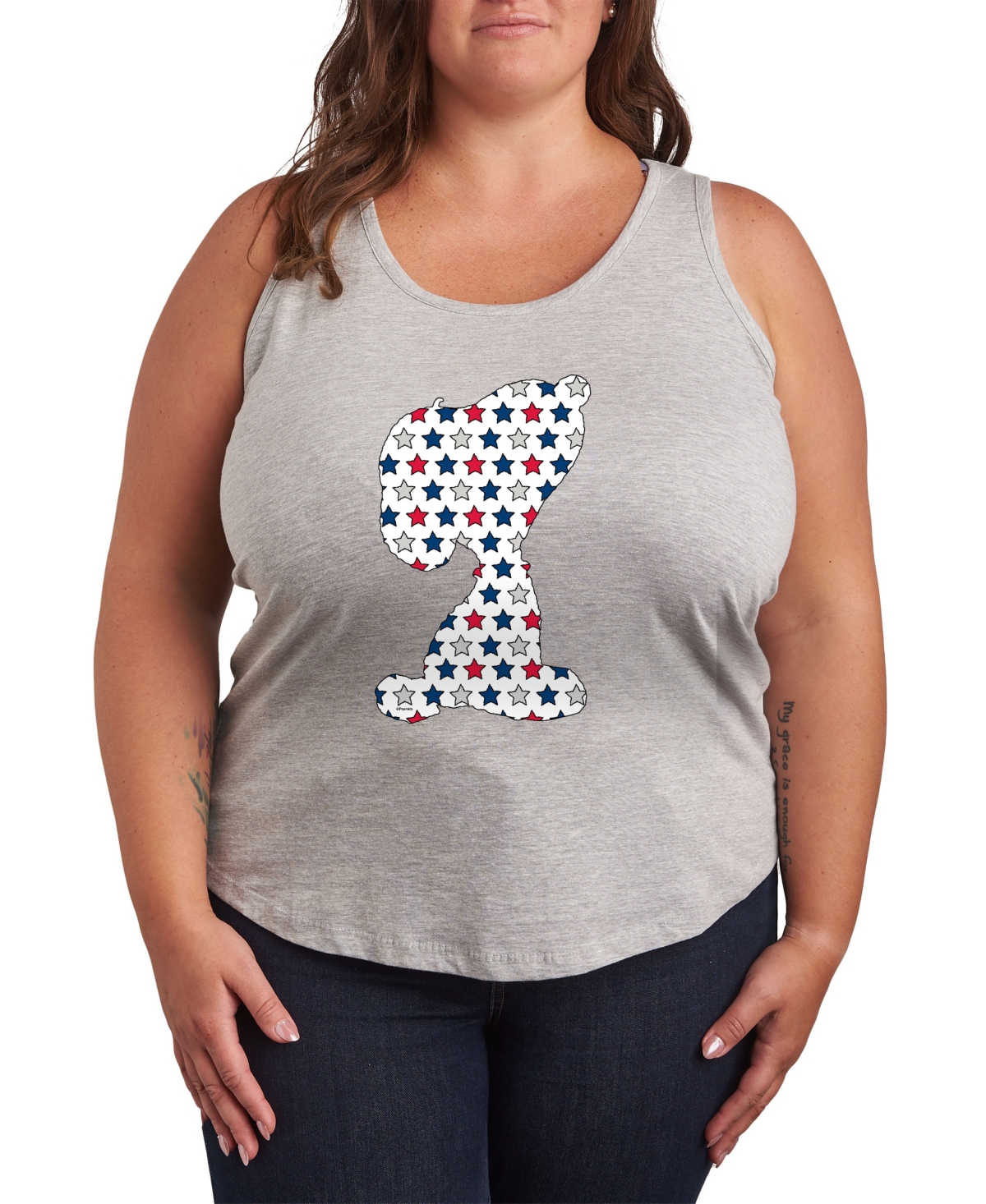 Plus Size Peanuts Americana Snoopy Graphic Crew Neck Tank T-Shirt - Gray