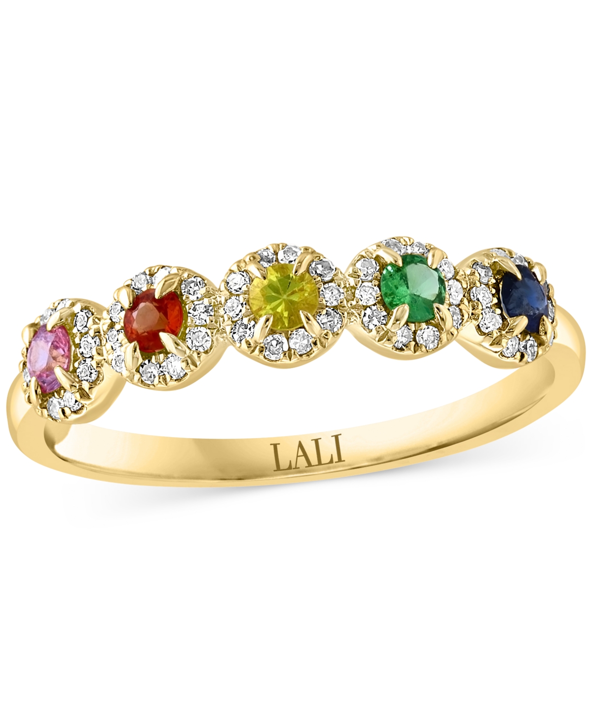 Multi Sapphire (0.29 ct. t.w.) & Diamond (0.15 ct. t.w.) Five Stone Halo Ring in 14k Gold - Multi