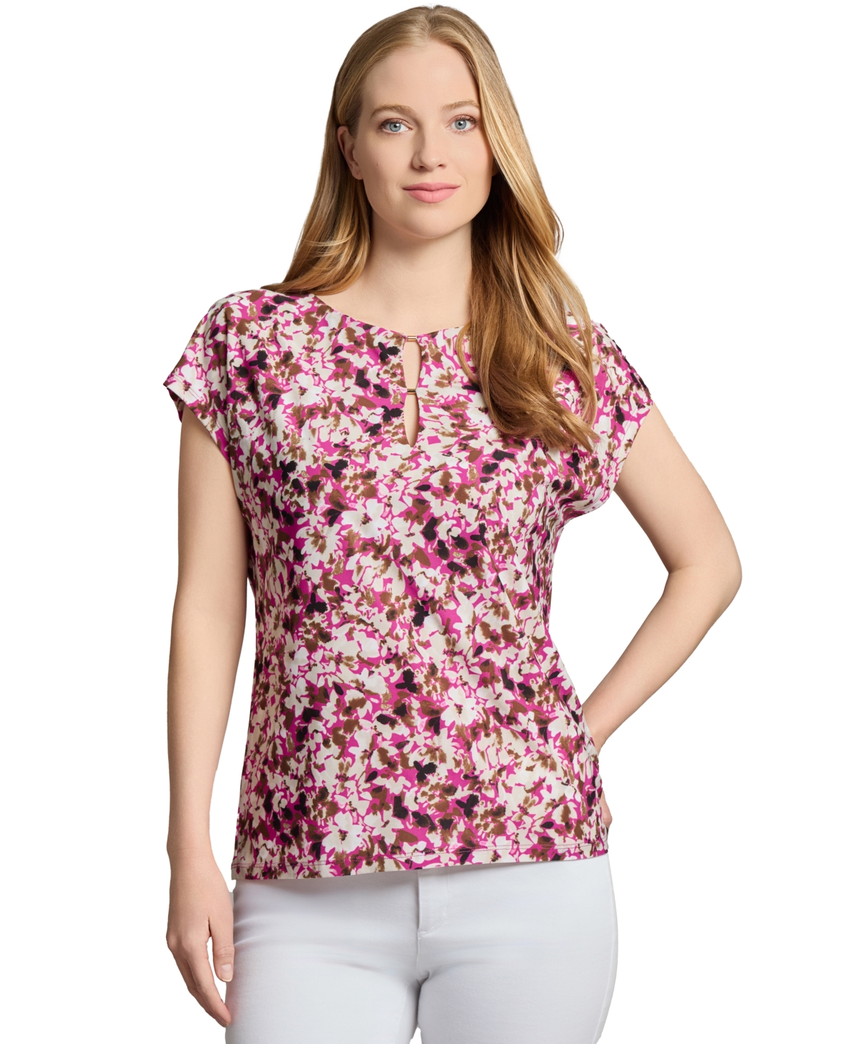Petite Floral-Print Keyhole Cap-Sleeve Top - Bright Orchid Multi