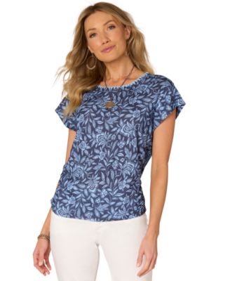 Democracy - Petite Printed Side-Shirred Rolled-Cuff Top