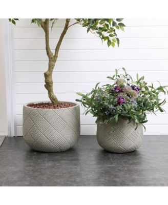 Misty Gray Glen Pattern 13.6-Inch Tall MgO Round Planter, Indoor and Outdoor