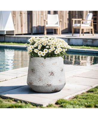 Rustic Off White with Brown Accents 15.6-Inch Tall Round MgO Planter