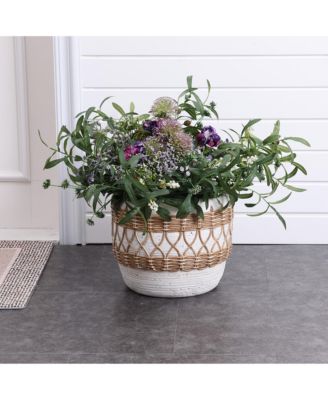 Boho White with Brown Accents 12.2-Inch Round MgO Planter