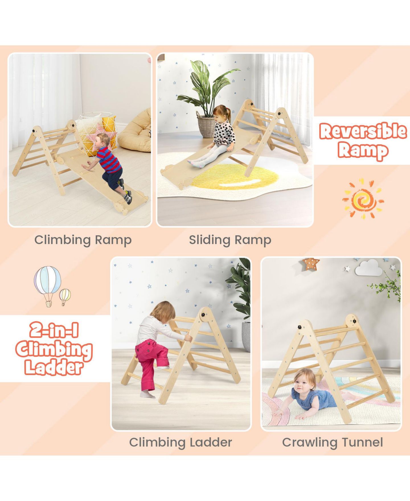Детские игрушки Mecale 3-in-1 Climbing Set Wood Adjustable Foldable Triangle Set, Ages 3+, цвет: Натуральный — фото 6