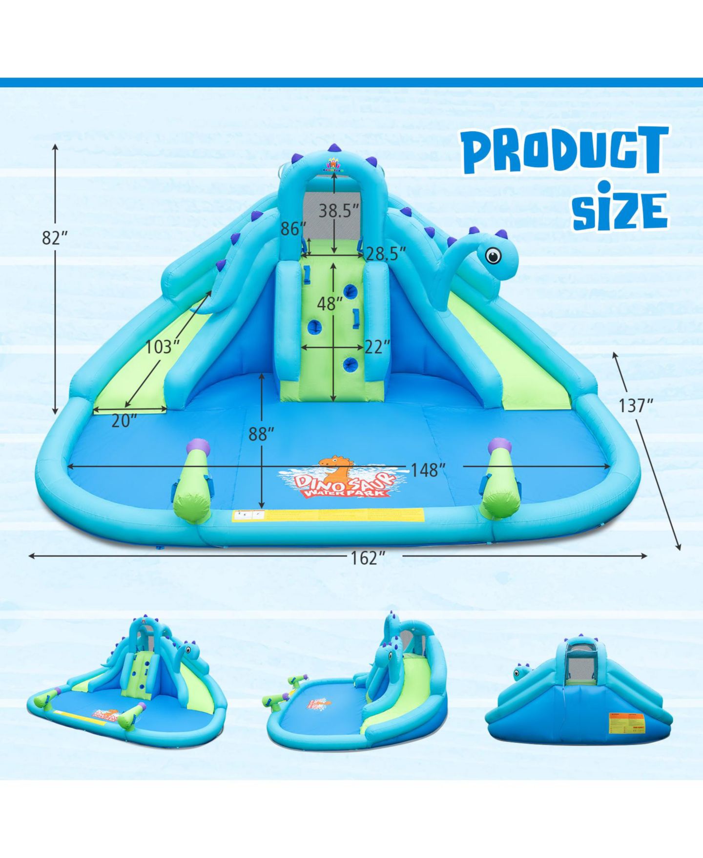 Детские игрушки Mecale Dinosaur-Themed Dual Slides Inflatable Water Slide, Ages 3-10, цвет: Синий — фото 3