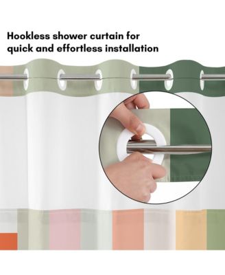 72x75 Hookless Shower Curtain - Abstract Pink Green Orange Shower Curtain with Sheer Panel, Snap-In Liner, and Grommets - 100% Polyester