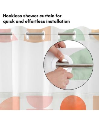 72x75 Hookless Shower Curtain - Abstract Orange Green Shower Curtain with Sheer Panel, Snap-In Liner, and Grommets - 100% Polyester