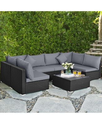 7 Pieces Sectional Wicker Furniture Sofa Set with Tempered Glass Top Coffee Table
