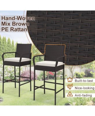 2 Pieces Outdoor PE Rattan Cushioned Barstool Set with Armrests
