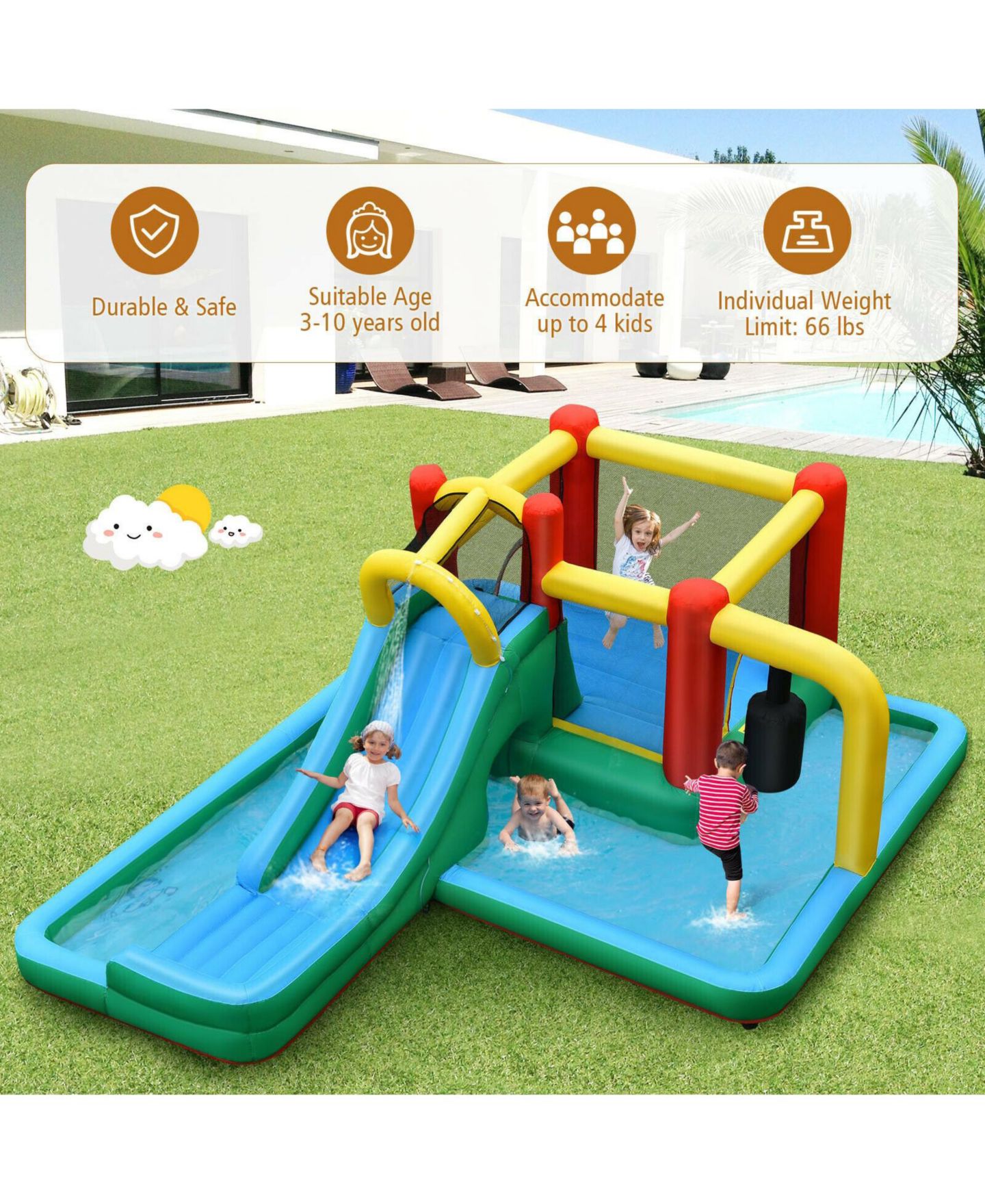 Детская игрушка Mecale Oxford Fabric Water Slide Climbing Inflatable Bounce House with Tunnel, Supports 4 Kids, Ages 3-10, цвет: Синий — фото 7