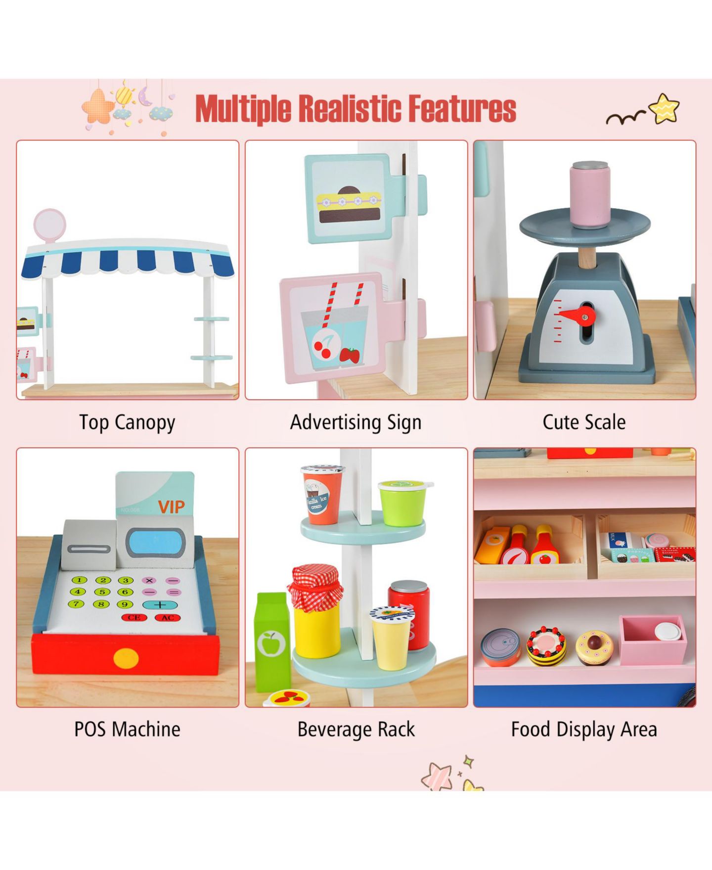 Детский игровой набор Mecale Food Cart Rolling POS Machine 30-Piece Playset, Ages 3+, цвет: Розовый — фото 8