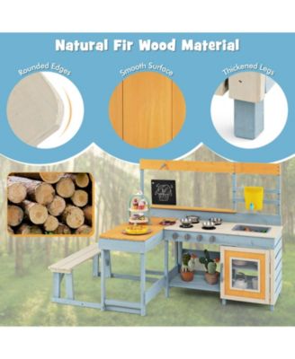 Fir Wood Play Kitchen with Kids Picnic Table and Built-in Bench