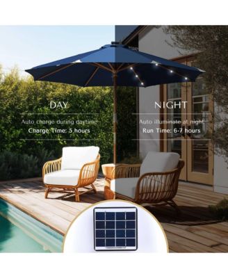 Boho 32 LED 9Ft Wood Market Patio Umbrella with Solar Lights for Bar Hotel Resort Alfresco Dining Rooftop Restauran Navy Blue