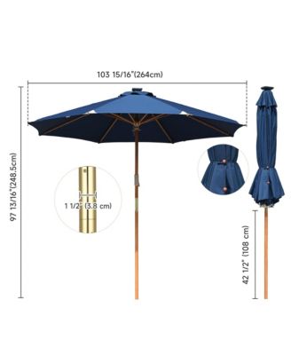 Boho 32 LED 9Ft Wood Market Patio Umbrella with Solar Lights for Bar Hotel Resort Alfresco Dining Rooftop Restauran Navy Blue